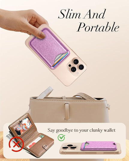 Shorogyt Compatible with Magsafe Wallet Magnetic Card Holder - Glitter Purple Phone Wallets for Women Teen Girls for iPhone 17/16/15/14/13/12 Series Slim for Apple Mag RFID Magnet, Fit 3 Cards