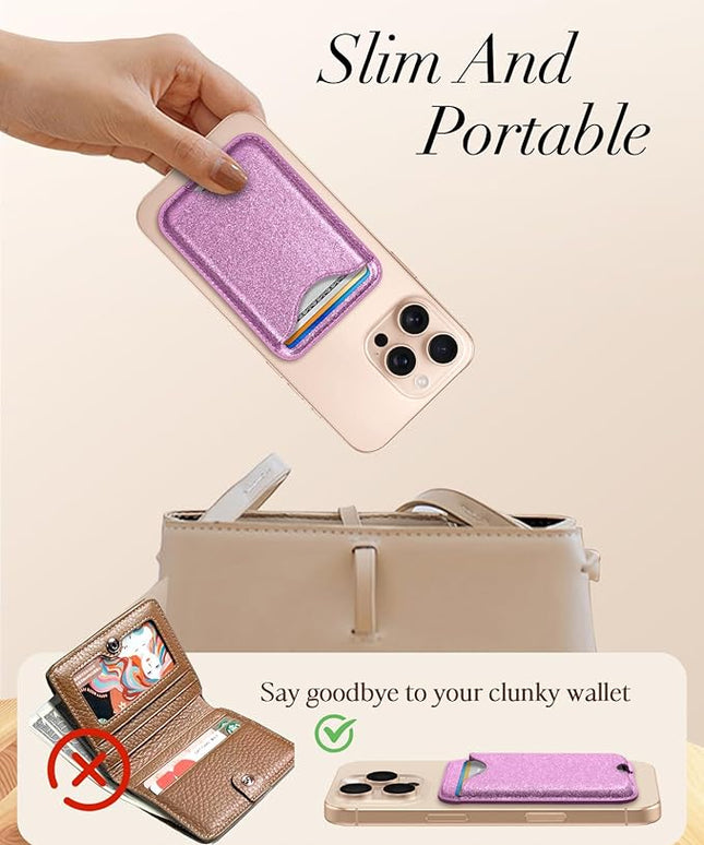 Shorogyt Compatible with Magsafe Wallet Magnetic Card Holder - Glitter Purple Phone Wallets for Women Teen Girls for iPhone 17/16/15/14/13/12 Series Slim for Apple Mag RFID Magnet, Fit 3 Cards