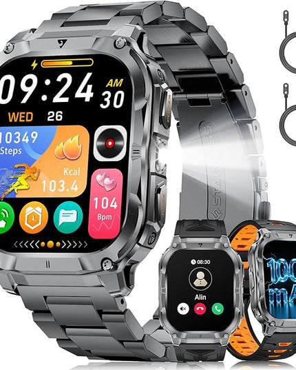 2.0" Military Smart Watch for Men with Flashlight, Make/Answer Calls, 1000mAh, IP68 Waterproof, 100+ Sport Modes Fitness Tracker for Workout Outdoor iOS Android Compatible, Black-Orange