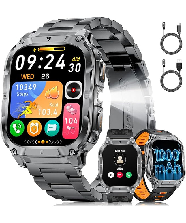 2.0" Military Smart Watch for Men with Flashlight, Make/Answer Calls, 1000mAh, IP68 Waterproof, 100+ Sport Modes Fitness Tracker for Workout Outdoor iOS Android Compatible, Black-Orange