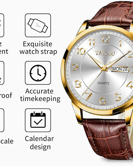 Mens Leather Watch Large Face Classic Quartz Mens Analog Watches Luxury Dress Watches for Men Waterproof Men's Wrist Watch Easy Read with Date Number Dial Relojes para Hombre