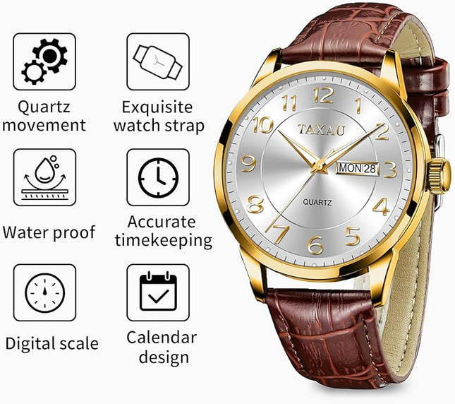 Mens Leather Watch Large Face Classic Quartz Mens Analog Watches Luxury Dress Watches for Men Waterproof Men's Wrist Watch Easy Read with Date Number Dial Relojes para Hombre