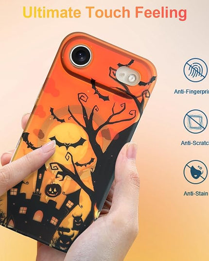Halloween Case for iPhone Air Case [ Compatible with Magsafe ] Holographic Orange Sky with Black Castle, Bats, Ghosts and Pumpkins Pattern Design, Creative Magnetic Protective Phone Cover
