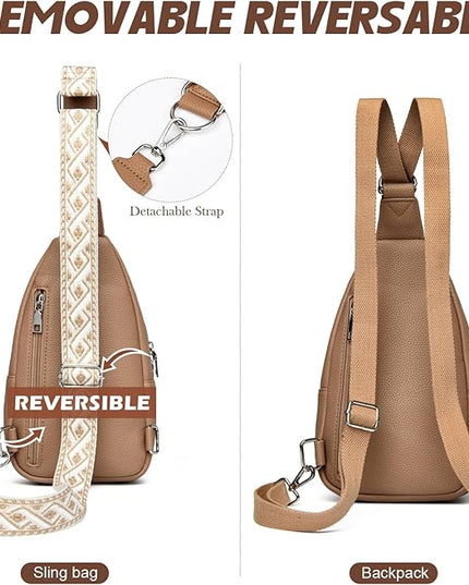 Sling Bag Crossbody Backpack - 2 in 1 Leather Cross Body Bag Fanny Pack with 2 Removable Straps