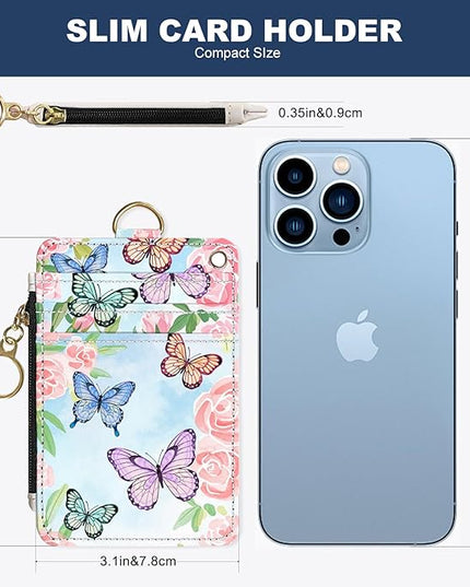 Slim Wallet Credit Card Holder, Butterflies and Flowers, RFID Wallet Women Cute Small Front Pocket Wallet With Zipper, PU Leather Thin travel RFID Blocking Card Case ID Window,Ladies Gifts