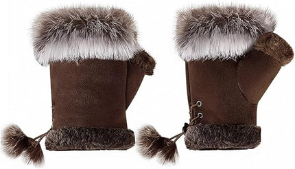 SATINIOR Women Fur Fingerless Gloves Winter Rabbit Fur Lined Half Finger Mittens for Women Girls Teen Working Writing
