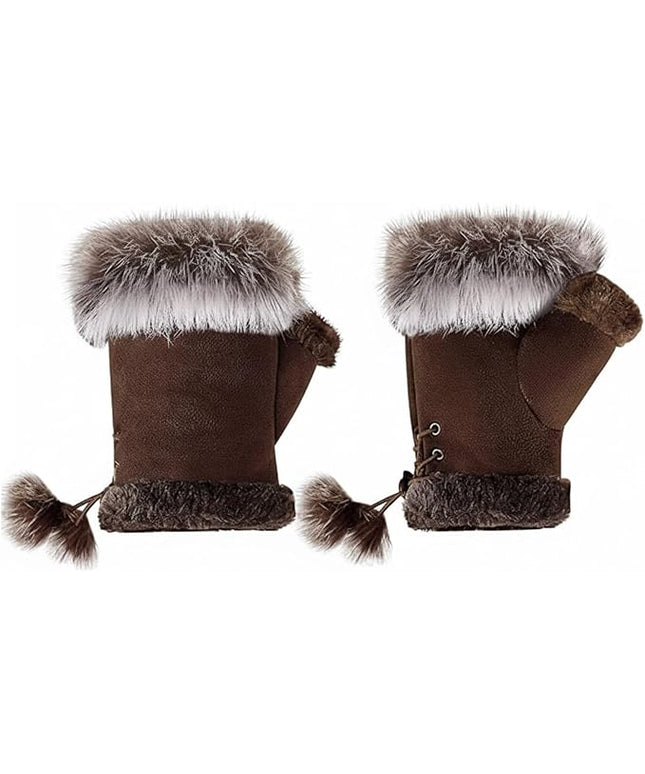 SATINIOR Women Fur Fingerless Gloves Winter Rabbit Fur Lined Half Finger Mittens for Women Girls Teen Working Writing