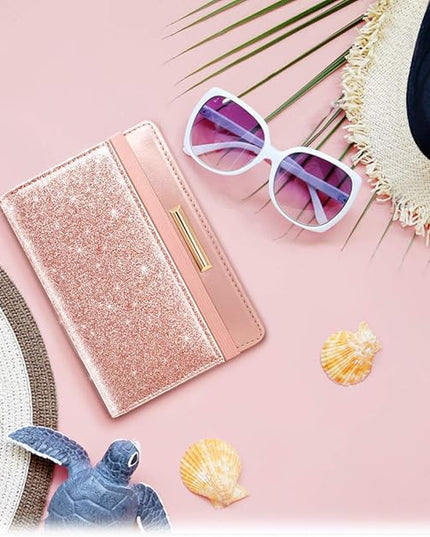 Passport Holder Cover Travel RFID Blocking Passport Cover Rose Gold Cute Flowers Passport Wallet with Elastic Band for Women