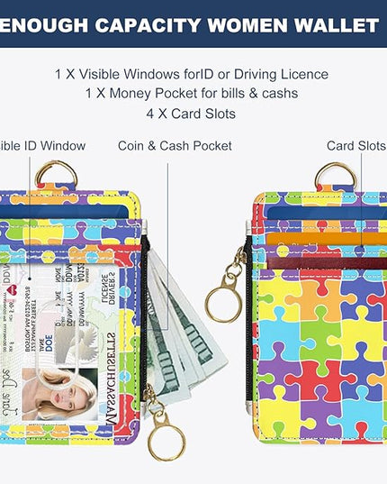 Slim Wallet Credit Card Holder, Jigsaw Puzzle, RFID Wallet Women Cute Small Front Pocket Wallet With Zipper, PU Leather Thin travel RFID Blocking Card Case ID Window,Ladies Gifts
