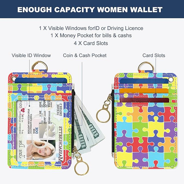 Slim Wallet Credit Card Holder, Jigsaw Puzzle, RFID Wallet Women Cute Small Front Pocket Wallet With Zipper, PU Leather Thin travel RFID Blocking Card Case ID Window,Ladies Gifts