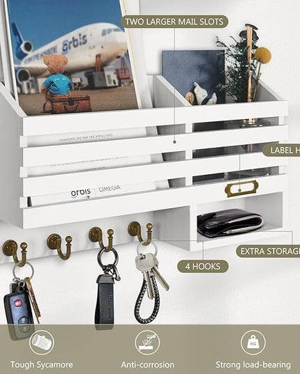 FifthQuarter Key Holder for Wall: Easy Mounted Key Rack and Mail Organizer with Store Shelf and Four Sturdy Keys Hooks Decor in Kitchen|Farmhouse|Entryway|Mudroom (White)