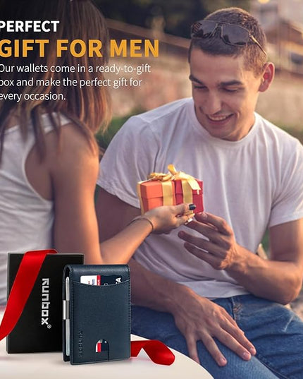 RUNBOX Slim Money Clip Wallets for Men RFID Blocking 11 Card Holder Minimalist Small Leather Bifold Men's Front Pocket Wallet Gift Box