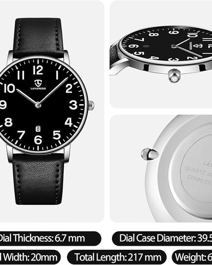 L LAVAREDO Watch for Men, Extremely Thin Mens Watches Minimalist Analog Men's Leather Wrist Watches with Time/Date, Birthday Gift for Men Boyfriend