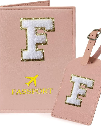 COSHAYSOO Passport Cover and Luggage Tag Set with Her Initial Chenille Letter Patch, Monogrammed Travel Bag Backpack Suitcase Identifier Gifts for Mom Women Teacher Pink F