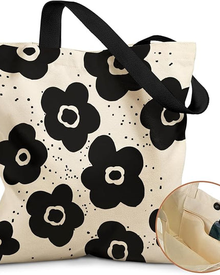 Aesthetic Tote Bag for Girls - with Magnetic Buckle and Zipper Inner Pocket for Women Lady Canvas Cotton Tote Bag