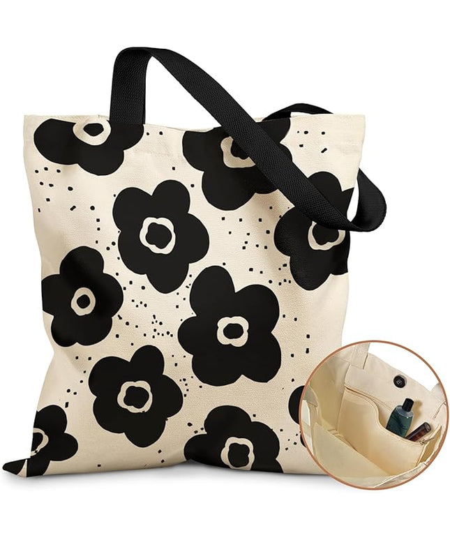 Aesthetic Tote Bag for Girls - with Magnetic Buckle and Zipper Inner Pocket for Women Lady Canvas Cotton Tote Bag