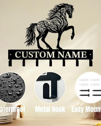 Personalized Custom Name Farm Horse Wall Key Hooks,Metal Horse Art Clothes Hooks,Metal Horse Wall Home Storage Decorative,For Front Door, Hallway, Kitchen, Bedroom,Keys,Hats (Style F)