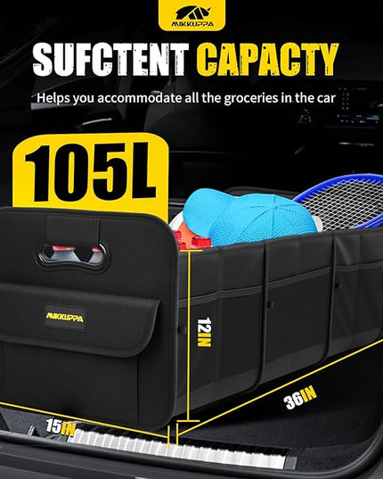 MIKKUPPA Car Trunk Organizer - 105L Collapsible Large Trunk Organizer for Groceries, Trunk Storage Organizers for SUV Auto Truck Van with Non Slip Bottom (Black)