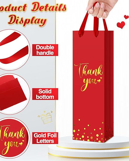 Ctosree 30 Pcs Wine Bottle Gift Bag with Handle 4.3x3.5x13.7 Liquor Paper Bag for Thank You Favor Gold Foil Kraft Whiskey Tote Carrier for Wedding Birthday Bridal Valentine's day Party(Red)
