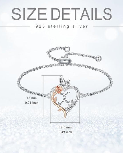 TOUPOP Gifts for Women Rose Heart Initial Bracelet 925 Sterling Silver Butterfly Letter Link Bracelet Love Jewelry Valentines Day Birthday Gifts for Her Wife Girlfriend Mom