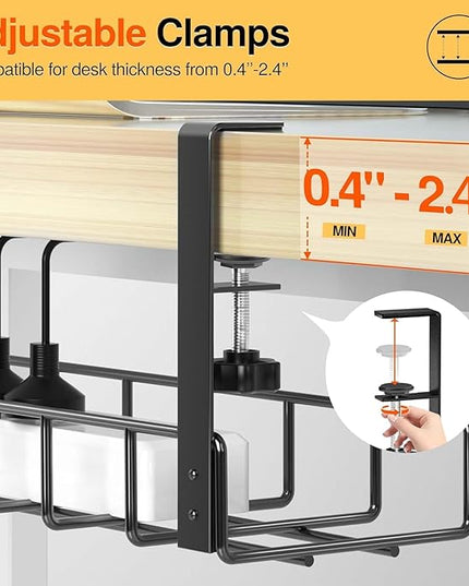 3 Pack Cable Management Under Desk Tray, 47.1" No Drill Under Desk Wire Management with Upgraded Clamp, Metal Cord Organizers with Cable Organizers, PC Cord Organization Rack, Black