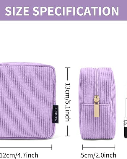 MAGEFY Small Makeup Bag for Purse Mini Cosmetics Bag Corduroy Cute Cosmetic Pouch for Women with Slip-in Pockets