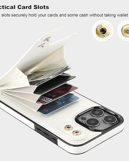 Folosu Compatible with iPhone 16 Pro Max Case Wallet with Card Holder, 360°Rotation Finger Ring Holder Kickstand, RFID Blocking Leather Protective Double Buttons Shockproof Cover 6.9 Inch White