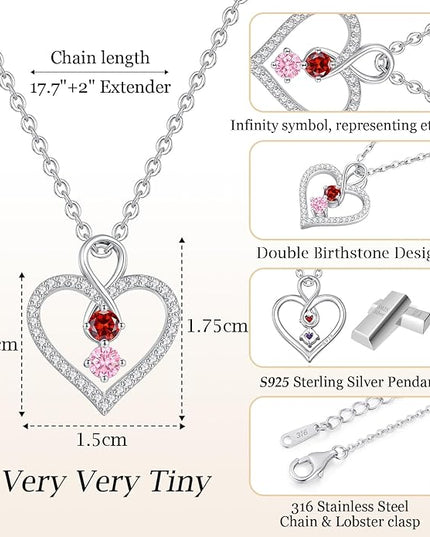 LOUISA SECRET Infinity Double Birthstone Necklace, 925 Sterling Silver Tiny Pendant Heart Necklace for Women Wife Her, Best Jewelry Gift Heart Jewelry Meaningful Gift for Valentine's Day, Christmas, Birthday Anniversary