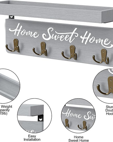 buways Key Holder Wall Mount with 4 Double Hooks-Solid Wood Wall-Mounted Organizer for Keys&Mail Rustic Key Rack Hanger Holder Home Decor for Entryway Living Room (Gray)