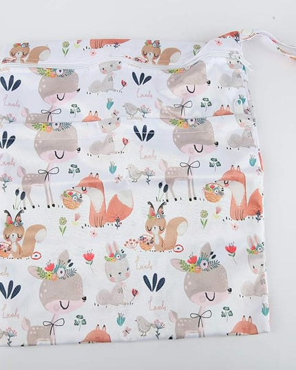 Wet Dry Bag Cloth Diaper Nappy Reusable Washable With Two Zippered Pockets (Rabbit Squirrel)