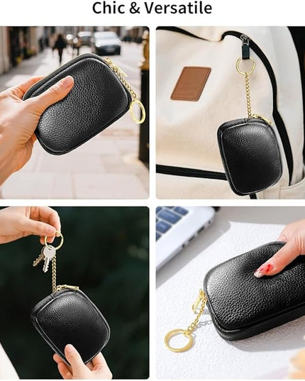 ZYLOXAR Genuine Leather Wallet Small Change Purse Keychain Mini Zipper Coin Pouch for Women (Black)