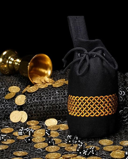 Mythrojan Drawstring Belt Pouch Medieval Woolen Pouch Coin Bag Renaissance Cosplay Costume Accessories for Medieval Events, Reenactments, Renfair - Black, 8" x 6.5"