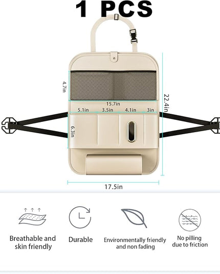 Car Seat Organizers,Multi-functional Back Seat Protectors, Storage Pouches, Child kicking prevention and Tray Holders (for Cars, Kids, Seat Back and Rear Seats) (Beige, 1 Pcs)