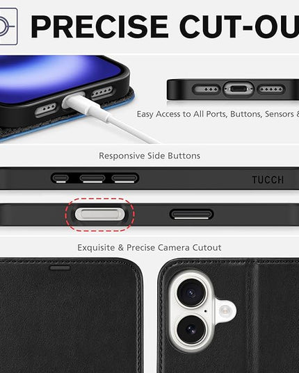 TUCCH Case Wallet for iPhone 16, Protective [TPU Shockproof Inner Shell], PU Leather [RFID Blocking] [4 Card Holder] Magnetic Closure Stand Cover Compatible with iPhone 16, Black&Light Blue