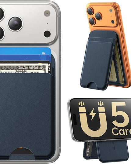 Fanseesy for MagSafe Wallet with Stand, 5 Card Holder, Slim Leather Magnetic Wallet for iPhone 17/16/15/14/13/12 Pro Max Plus Air Series, 3 Card Slots & 1 Cash Slot,Blue