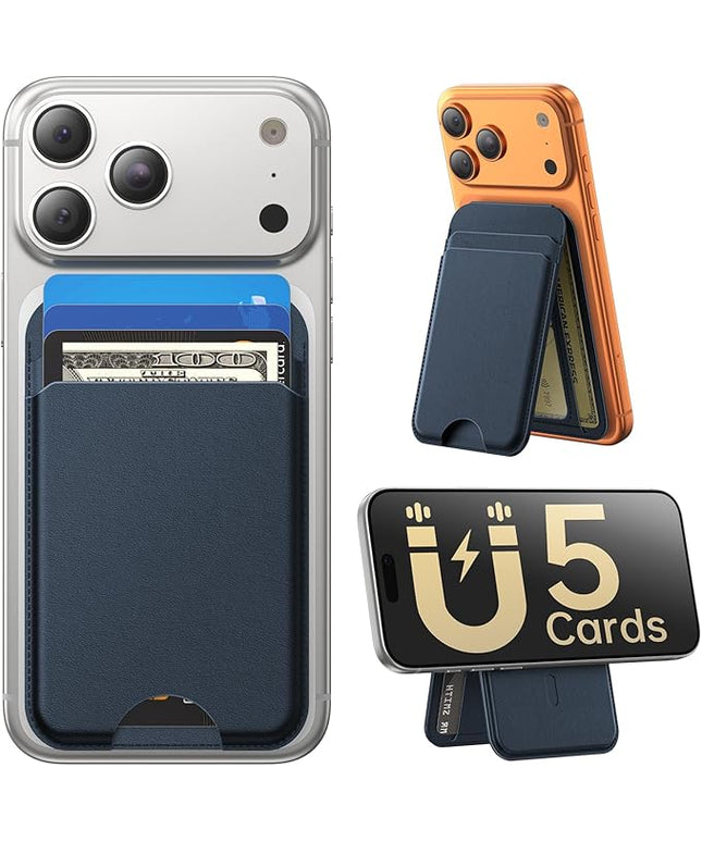 Fanseesy for MagSafe Wallet with Stand, 5 Card Holder, Slim Leather Magnetic Wallet for iPhone 17/16/15/14/13/12 Pro Max Plus Air Series, 3 Card Slots & 1 Cash Slot,Blue