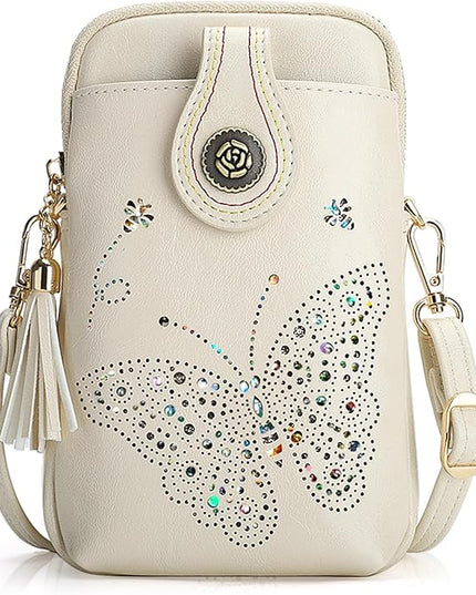 Small Crossbody Bags for Women, Lightweight Mini Cute Cell Phone Purse for Women with Tassel Shining Butterfly