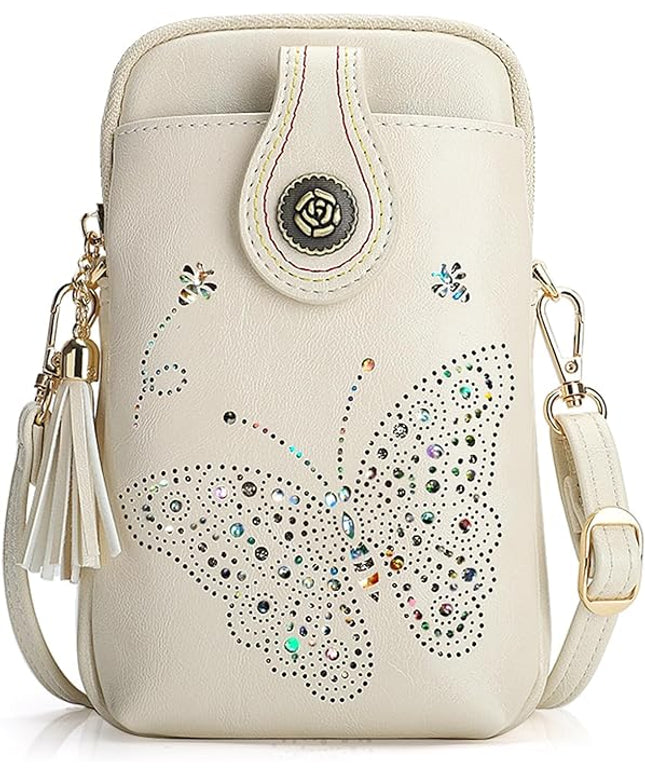Small Crossbody Bags for Women, Lightweight Mini Cute Cell Phone Purse for Women with Tassel Shining Butterfly