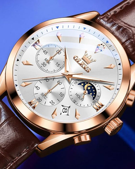 OLEVS Men's Watches Leather Strap Analog Quartz Watch, Fashion Big Dial Date Waterproof Watch, Dress Luxury Luminous Men Watches