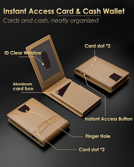 QLD Wallet for Men - RFID Blocking [Functional & Practical] Bifold Slim Minimalist Credit Card Holder Pop Up Metal Case with Cash Slot Front Pocket with ID Window, Gift Boxed (Brown)