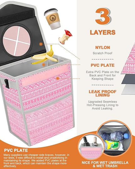 Car Trash Can with Lid, Cute Leakproof Car Trash Garbage Bag Hanging Vehicle Trash Bin Small Portable Automotive Garbage Cans Organizer for Back/Front Seat/Console(2.8 Gallons,Pink Print)