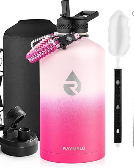 One Gallon Water Bottle Insulated, Triple Walled Vacuum Stainless Steel (Cold for 48 Hrs), Leak Proof & Non-BPA, Large Water Flask Jug with Paracord Handle & Straw Spout Lids