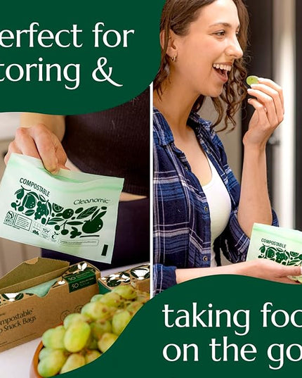 Cleanomic Compostable* Snack Size Food Storage Bags (50 Eco Zip) Freezer and Leak Proof, Also Available Gallon, Quart and Sandwich Size Bags