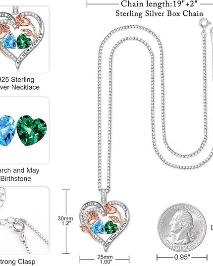 Iefil Christmas Gifts for Women Wife - 925 Sterling Silver Rose Heart Birthstone Necklace Birthday Anniversary Jewelry Gifts for Her Wife Mom Daughter