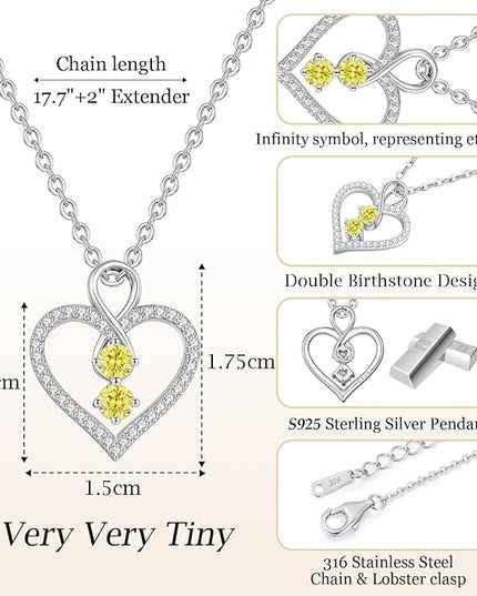 LOUISA SECRET Infinity Double Birthstone Necklace, 925 Sterling Silver Tiny Pendant Heart Necklace for Women Wife Her, Best Jewelry Gift Heart Jewelry Meaningful Gift for Valentine's Day, Christmas, Birthday Anniversary