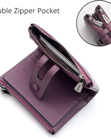 Bveyzi Small Soft Leather Wallet for Women RFID Blocking Ladies Card Holder with Double Zipper Pocket