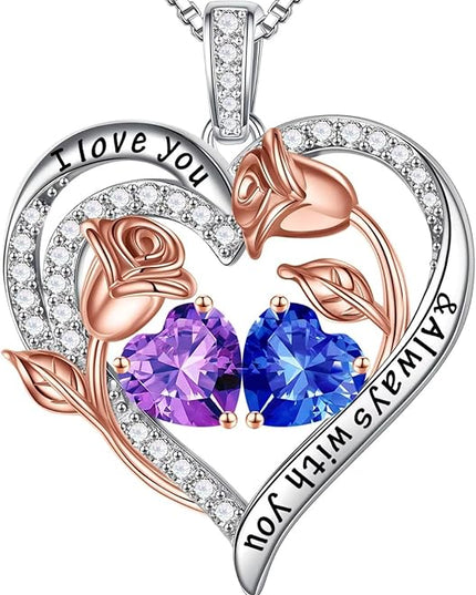 Iefil Christmas Gifts for Women Wife - 925 Sterling Silver Rose Heart Birthstone Necklace Birthday Anniversary Jewelry Gifts for Her Wife Mom Daughter