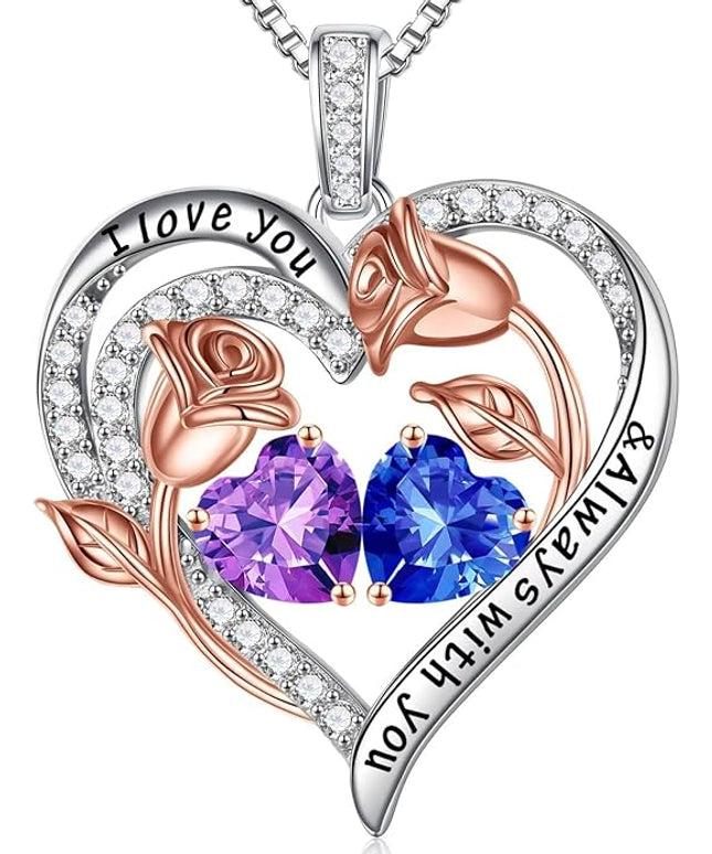 Iefil Christmas Gifts for Women Wife - 925 Sterling Silver Rose Heart Birthstone Necklace Birthday Anniversary Jewelry Gifts for Her Wife Mom Daughter