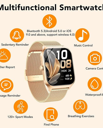 CASCHO Smart Watches for Women (Android/iOS), 1.85" HD Smart Watch with Calls/Messages/AI Voice Control, Sleep/Heart Rate, 120+ Sports Modes Fitness Tracker Watch, Gold & Pink Dual Strap