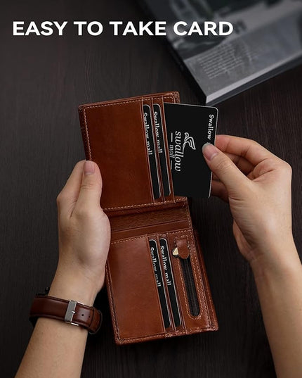 Swallowmall Mens Wallet Rfid Blocking Genuine Leather Bifold Wallets with 1 ID Window 15 Card Slots